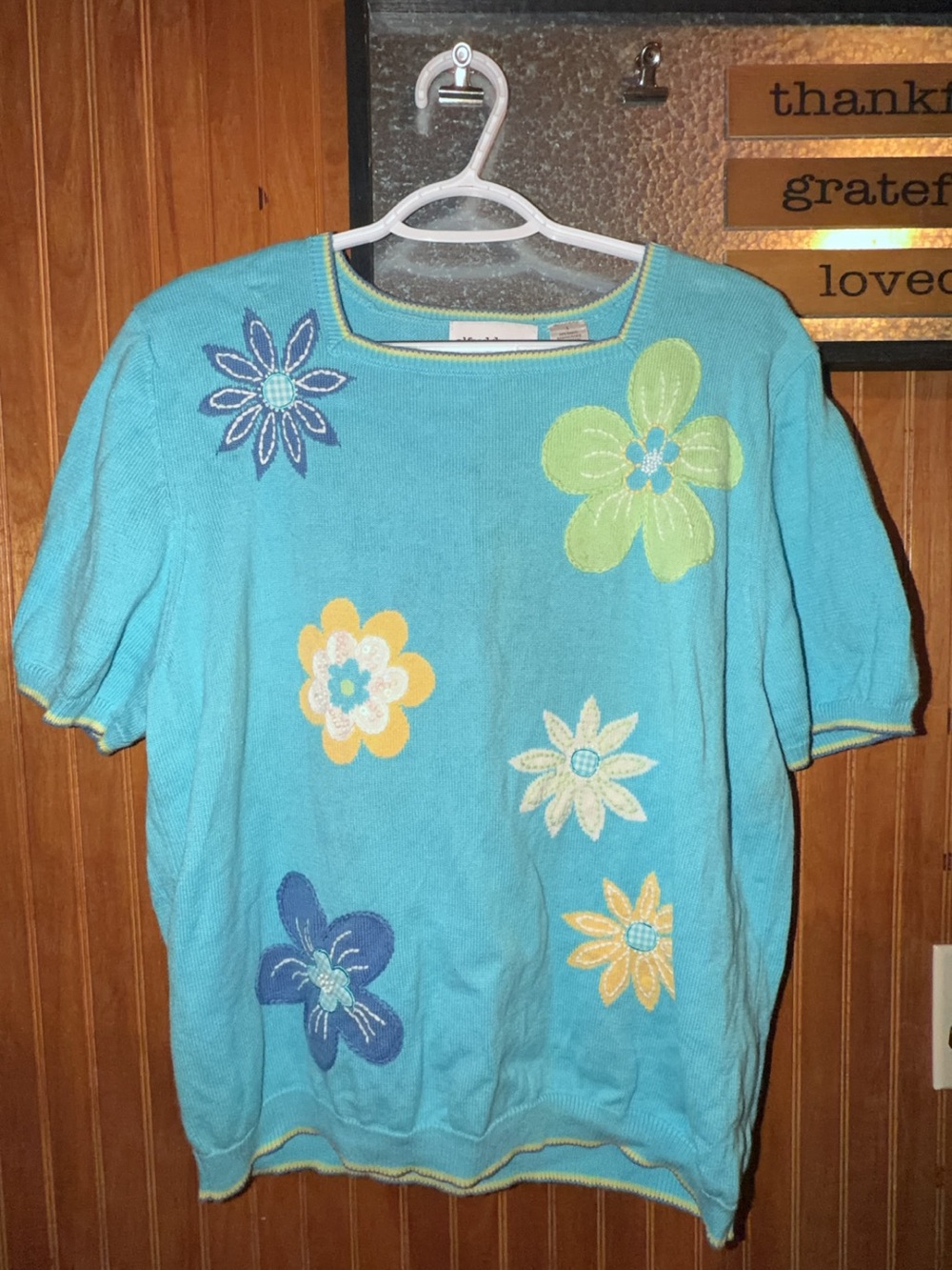 Alfred Dunner Turquoise Short Sleeve Sweater with Floral Appliqués